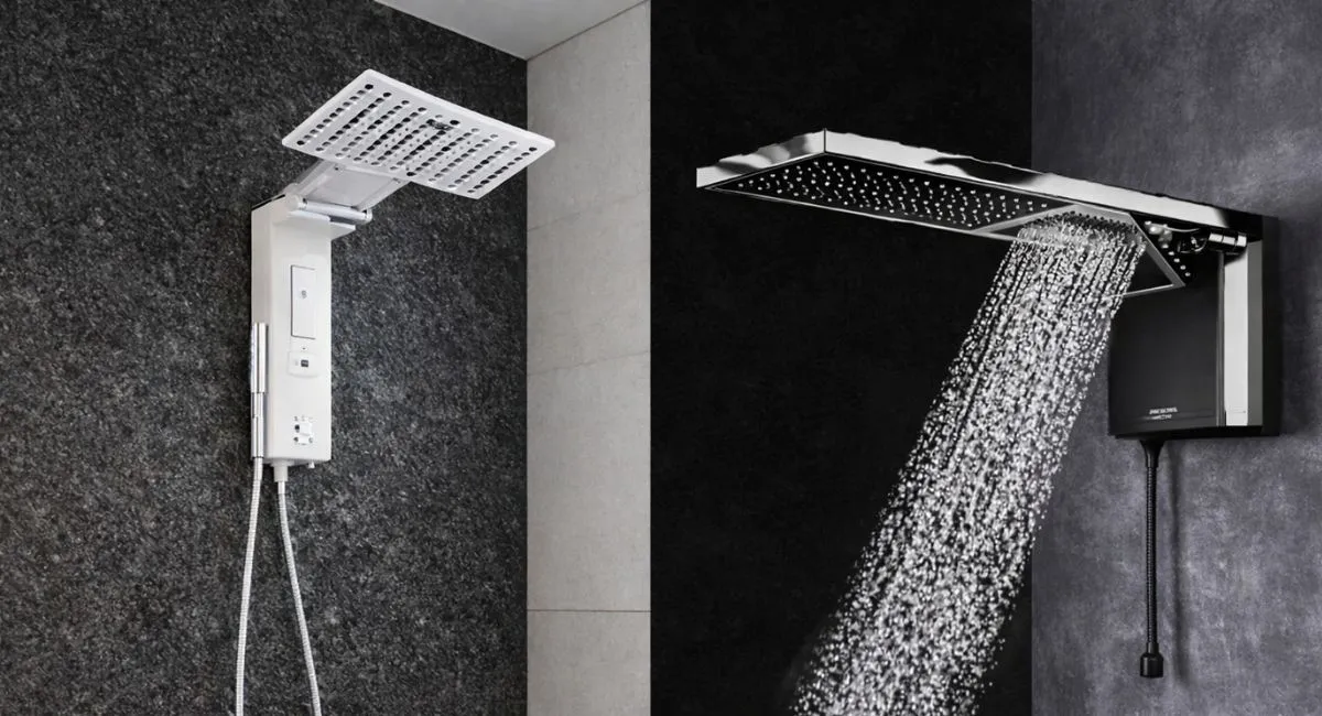 Imagem comparativa dos chuveiros Acqua Duo Ultra e Hydra Falls com jato de água forte.